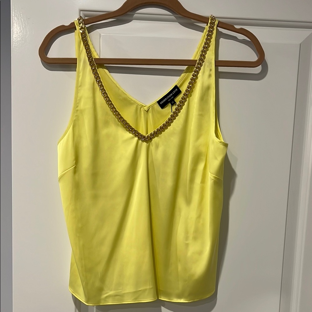 Generation Love Yellow V-Neck Sleeveless Silk Tank with Gold Chain Detail